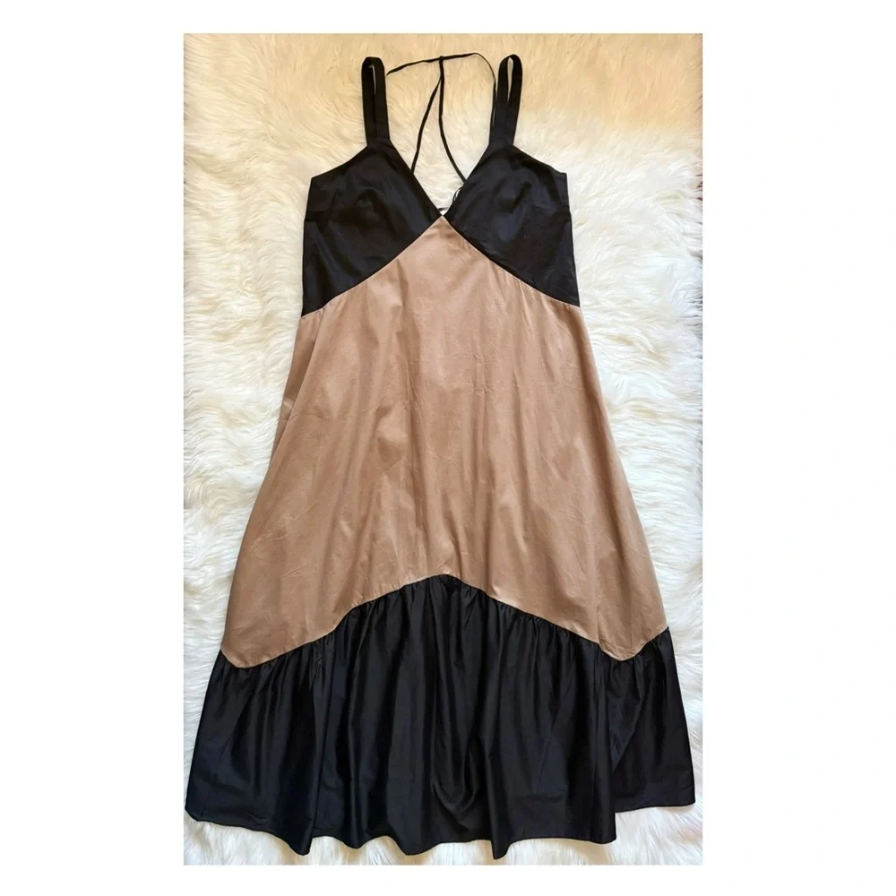 New! REISS LONDON “Natalie” Colorblock Tiered Midi Dress in Taupe and Black - Picture 7 of 11